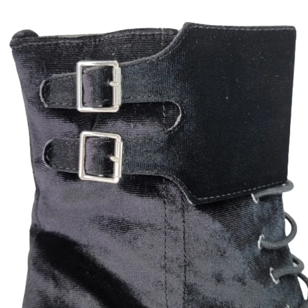Diba Sz 8.5 Velveteen Cuffed Goth Buckle Lace Up Zip High Heel Ankle Boot Shoes